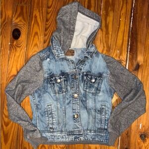 American Eagle Denim Jacket Hoodie PS Distressed Jean‎ Jacket Knit Sleeves